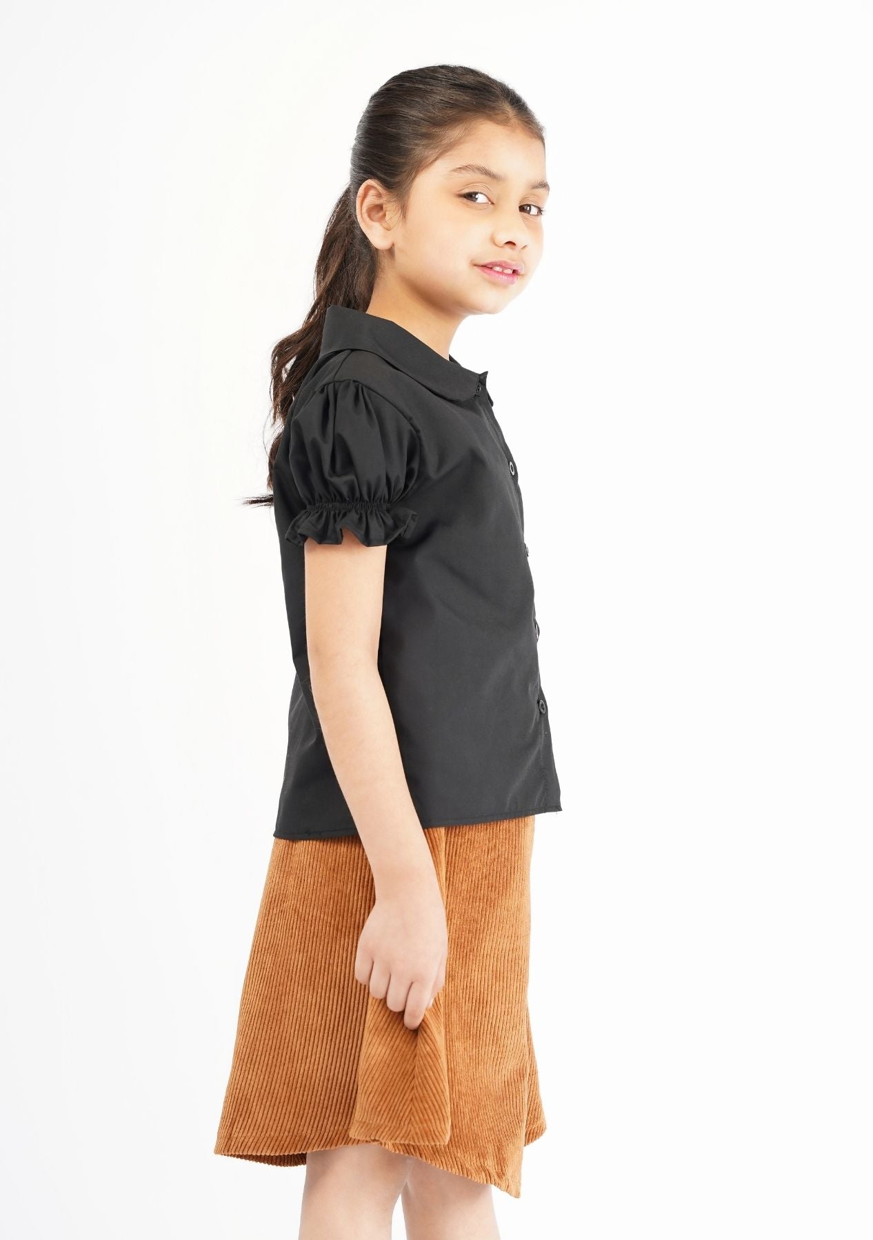 Girls Peter Pan Collar Front Button Blouse - Black