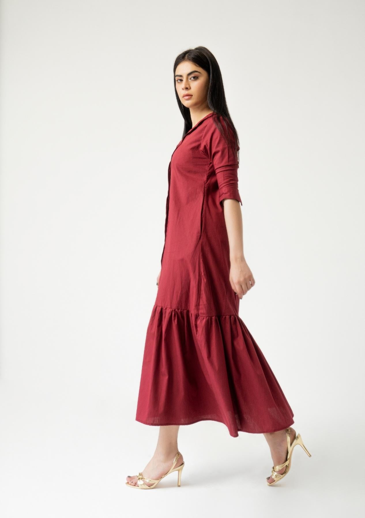 Front Button Ruffle Dress - maroon