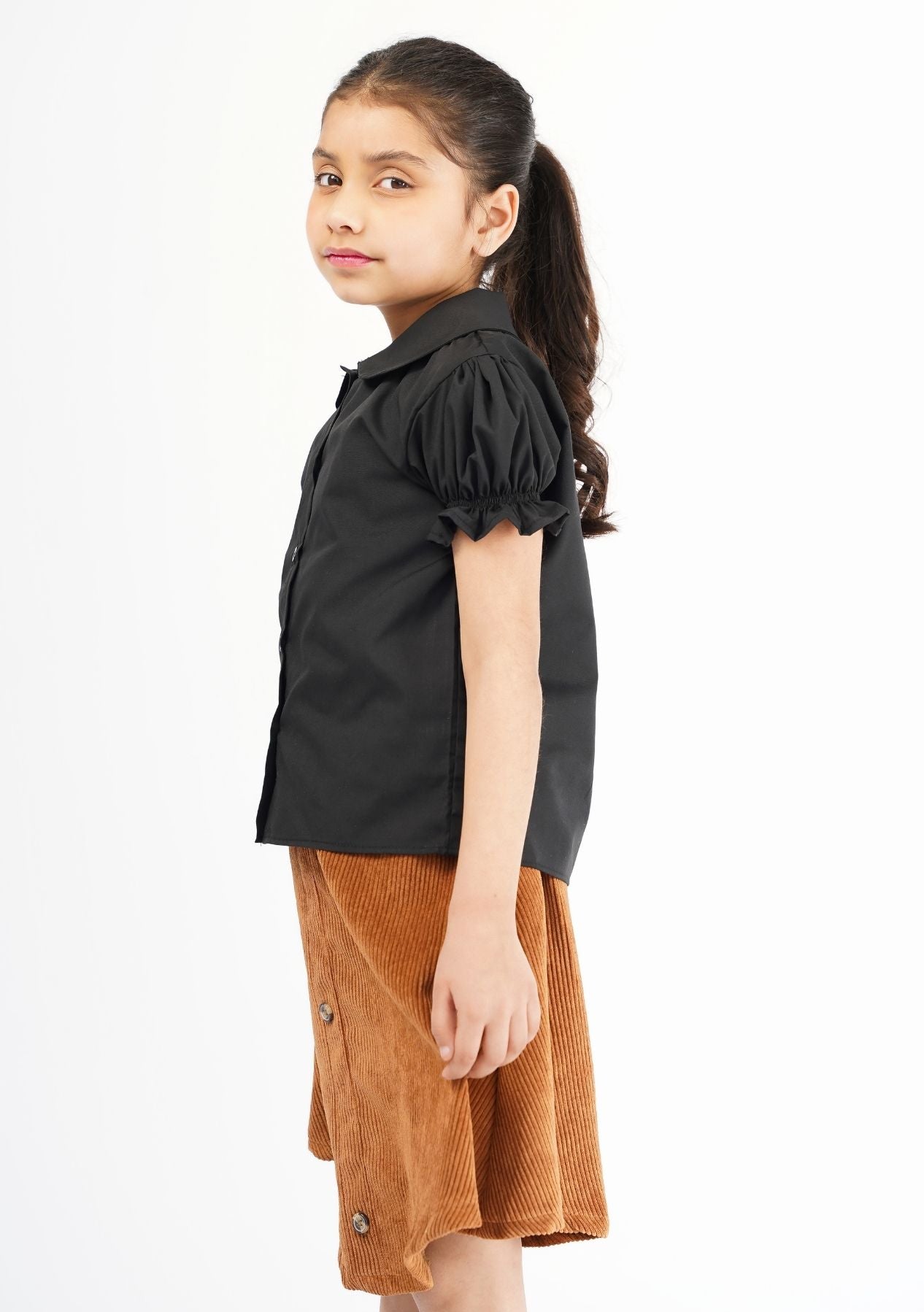 Girls Peter Pan Collar Front Button Blouse - Black