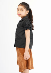 Girls Peter Pan Collar Front Button Blouse - Black