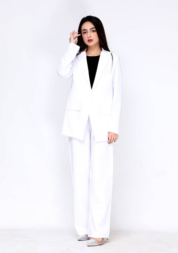 High rise wide leg pant in white polyester w pocket