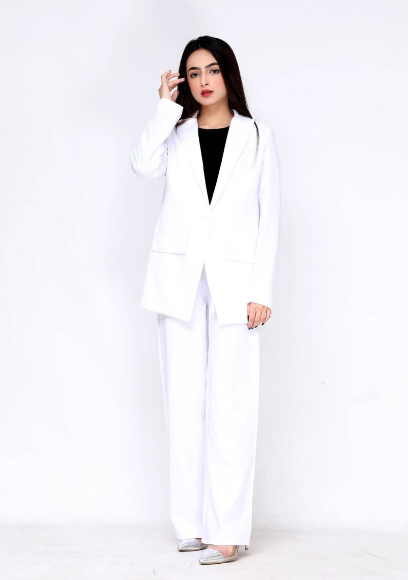 High rise wide leg pant in white polyester w pocket