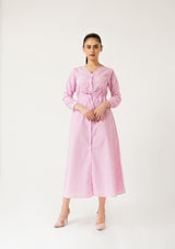 Front Button Drawstring Dress - pink white gingham check
