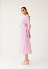 Front Button Drawstring Dress - pink white gingham check