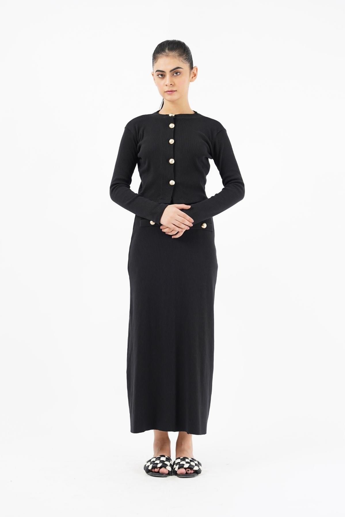 Knit Skirt with Golden Button - Black