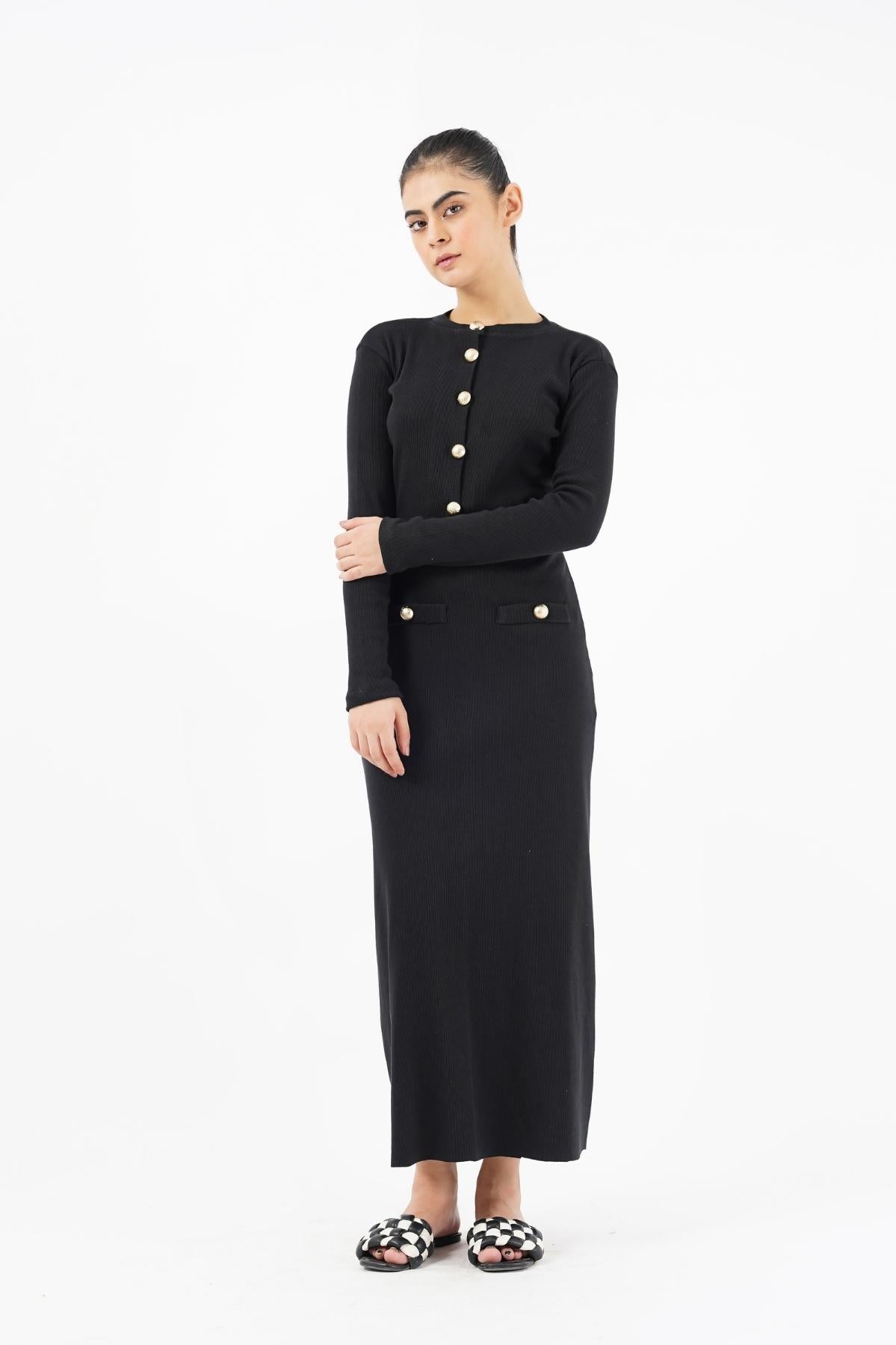 Knit Skirt with Golden Button - Black