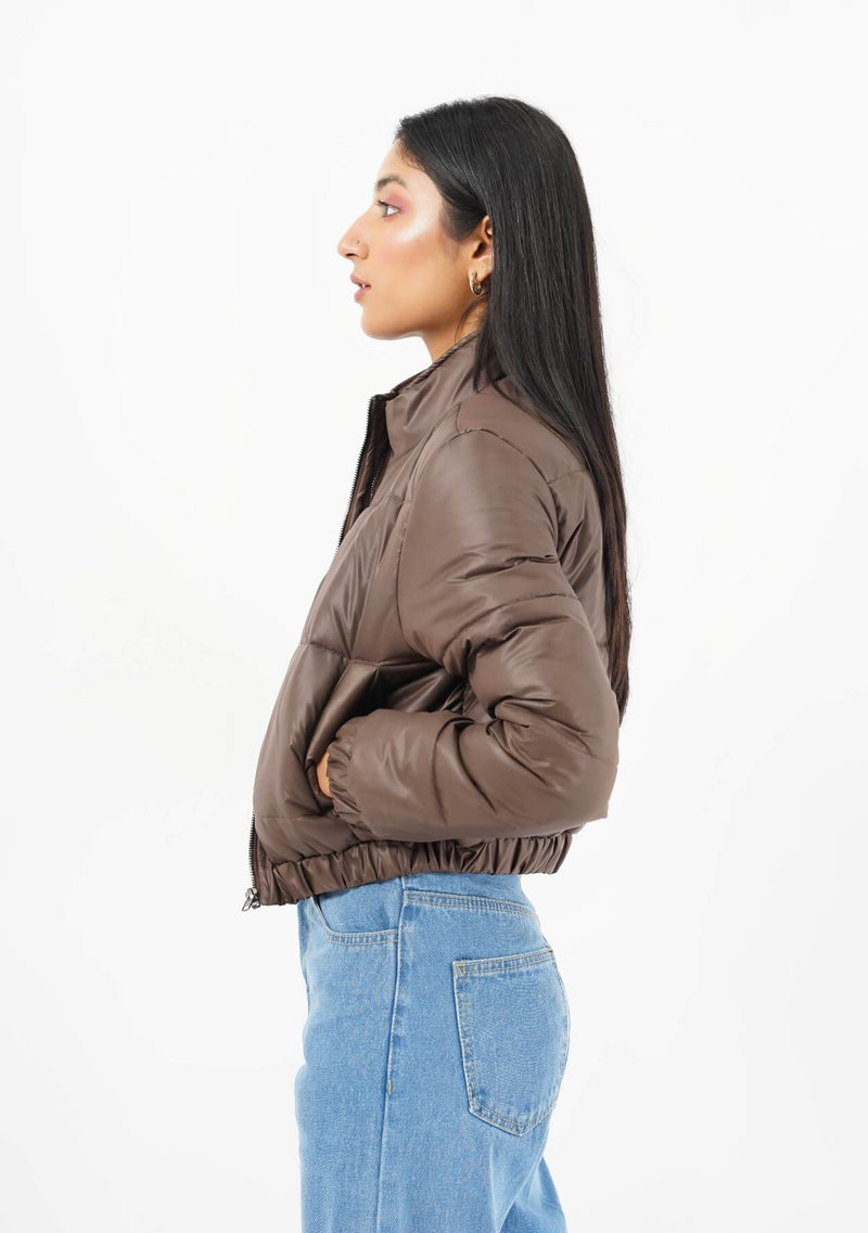 Cropped Puffer Jacket - chocolate brown