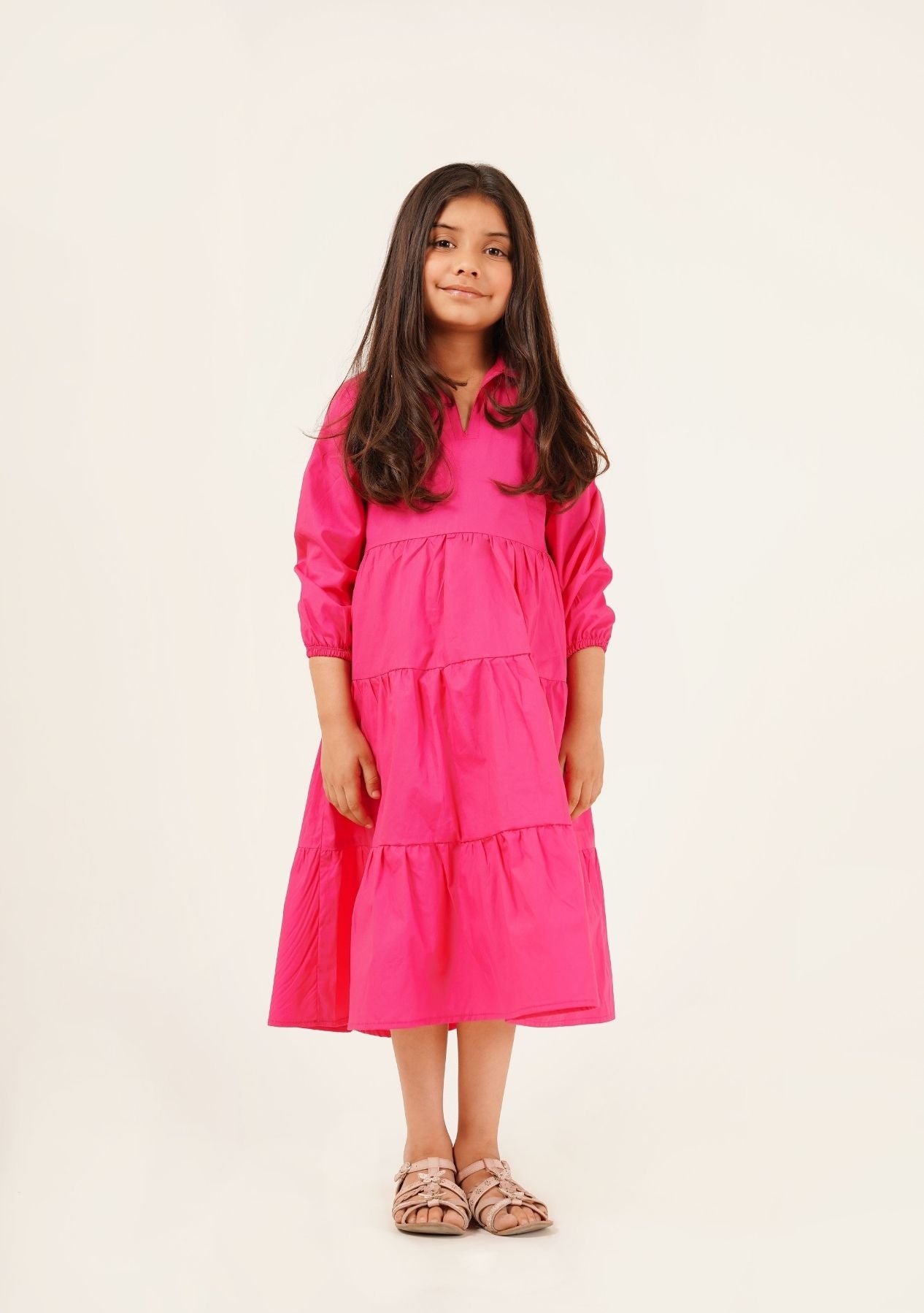 Girls V-Neck Collared Dress - Fuchsia Pink