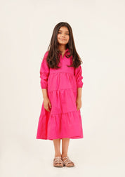 Girls V-Neck Collared Dress - Fuchsia Pink