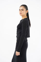 Cropped Knit Top with Golden Button - black