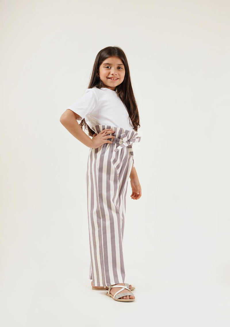 Girls Wide Leg Paper Bag Pant - mauve white striped