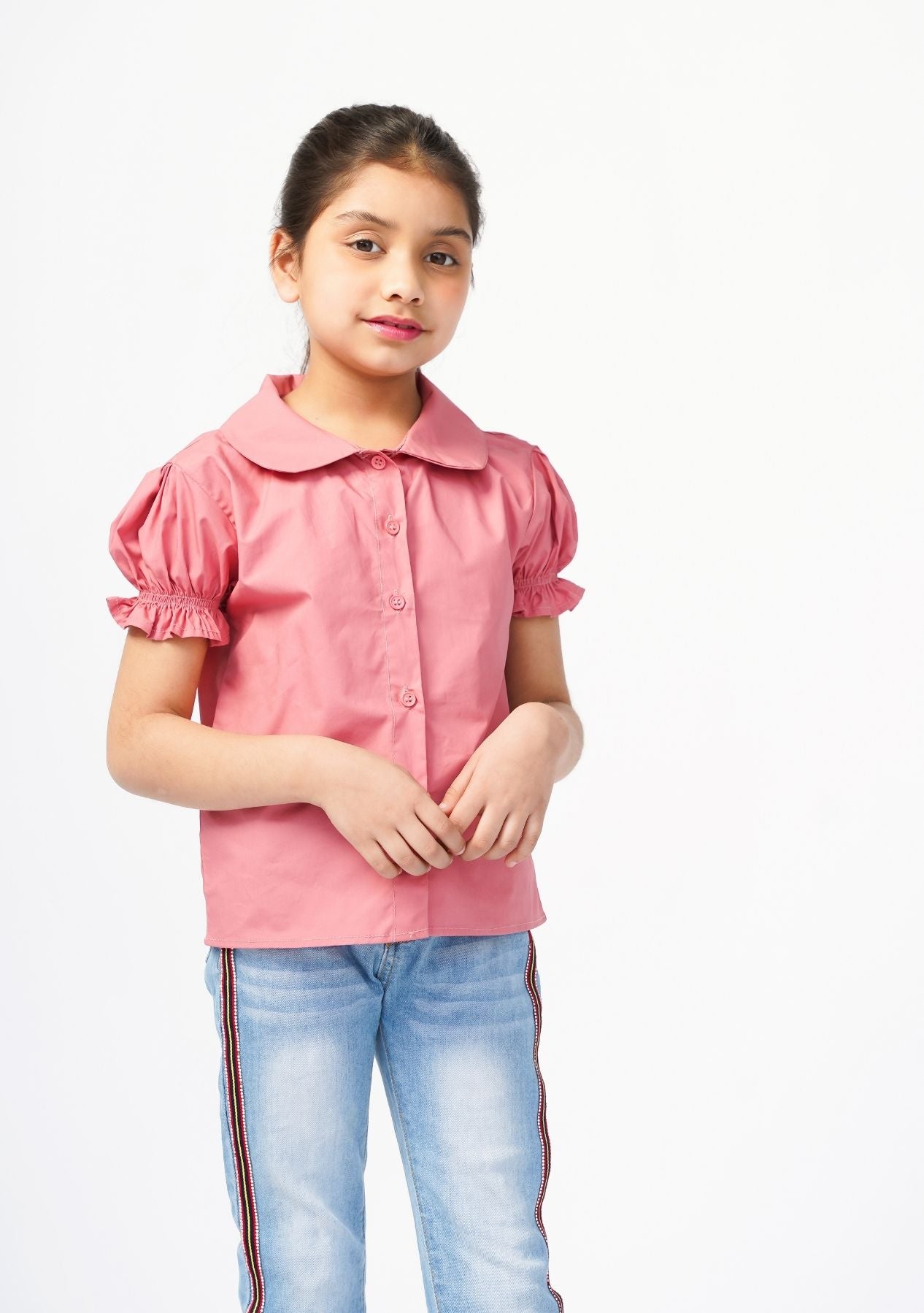 Girls Peter Pan Collar Front Button Blouse - Tea Pink