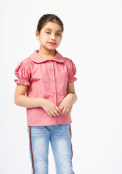 Girls Peter Pan Collar Front Button Blouse - Tea Pink