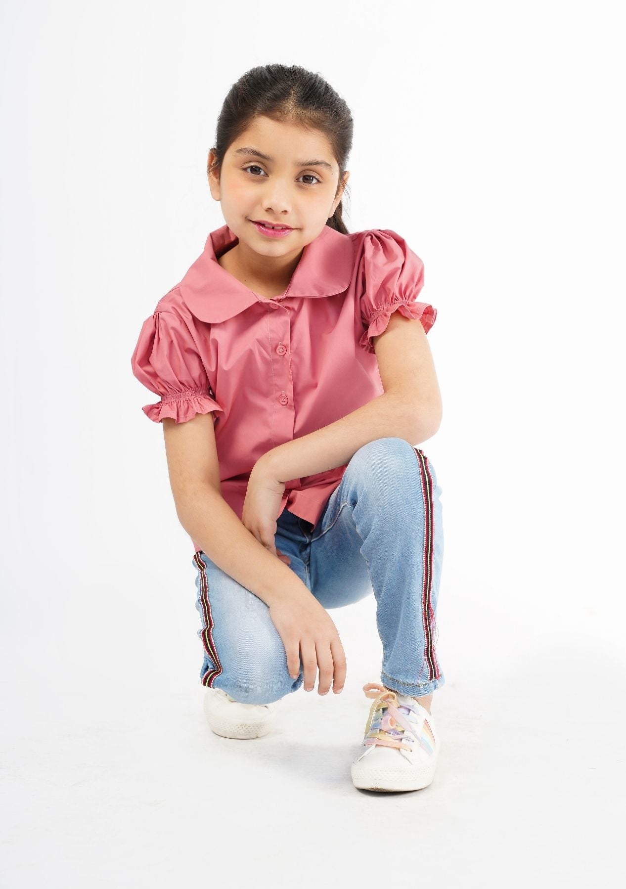 Girls Peter Pan Collar Front Button Blouse - Tea Pink