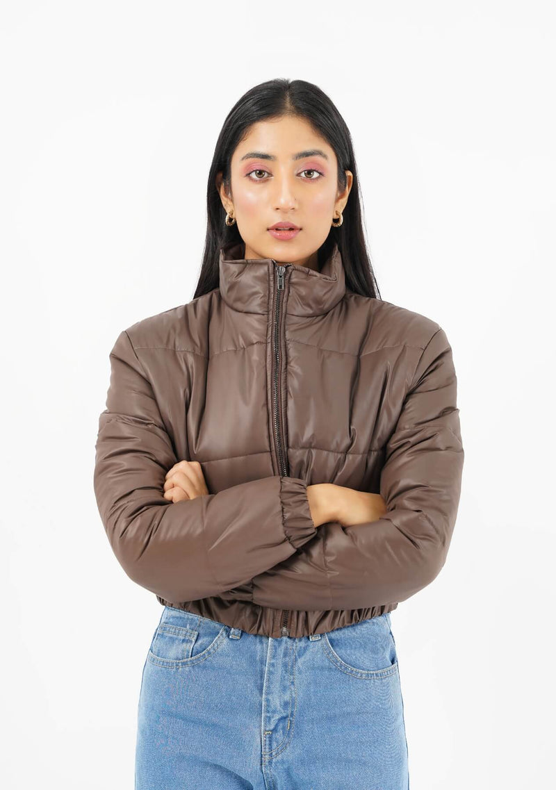 Cropped Puffer Jacket - chocolate brown