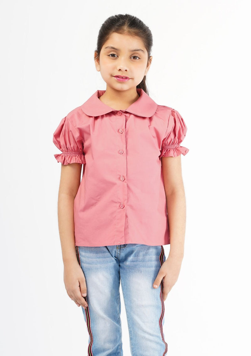 Girls Peter Pan Collar Front Button Blouse - Tea Pink