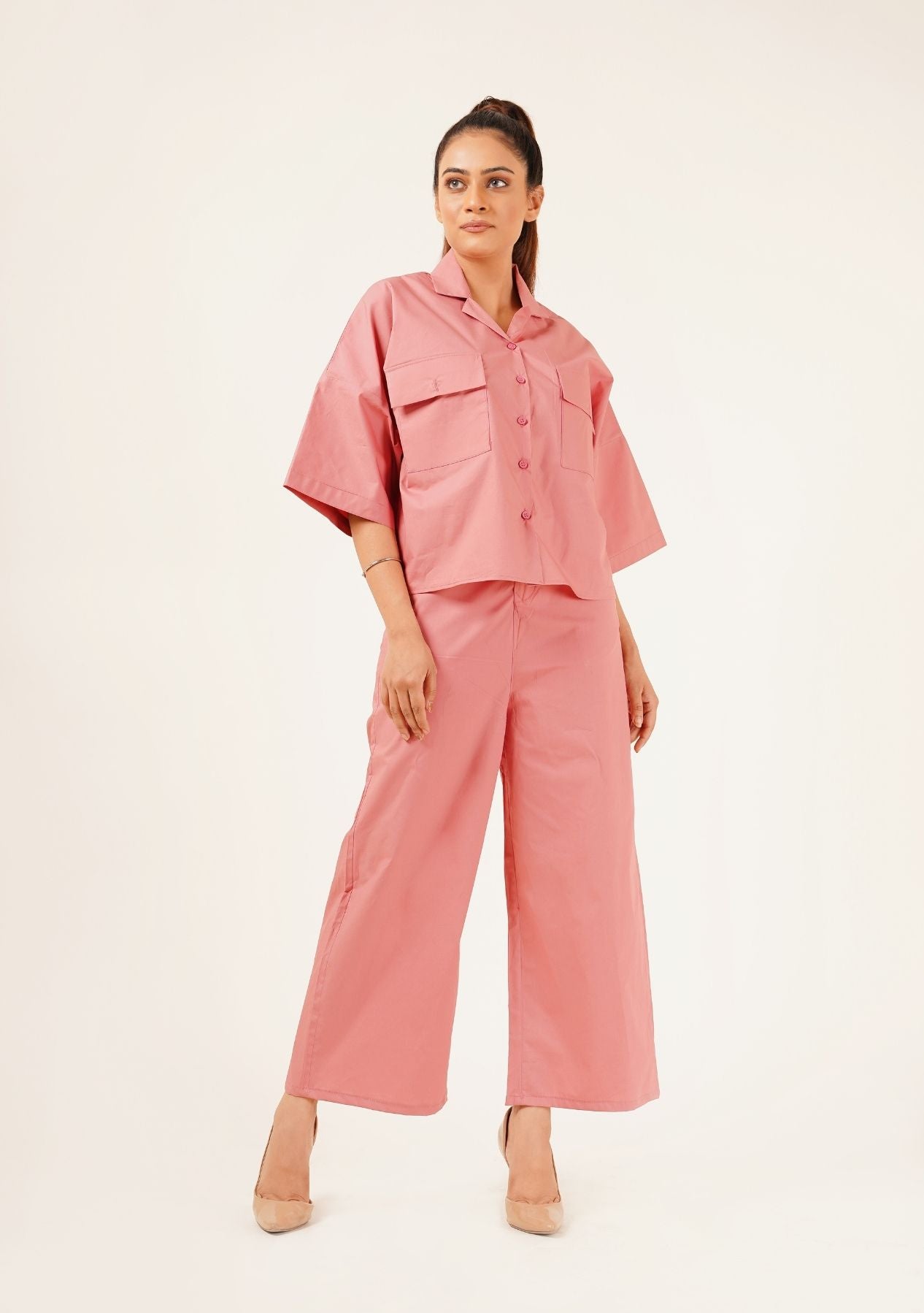 High Waisted Culotte Pant with Pleat - tea pink