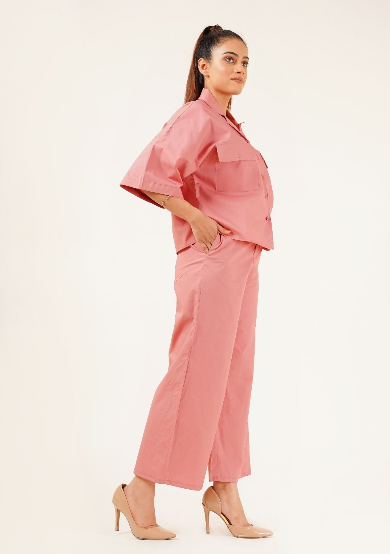 High Waisted Culotte Pant with Pleat - tea pink
