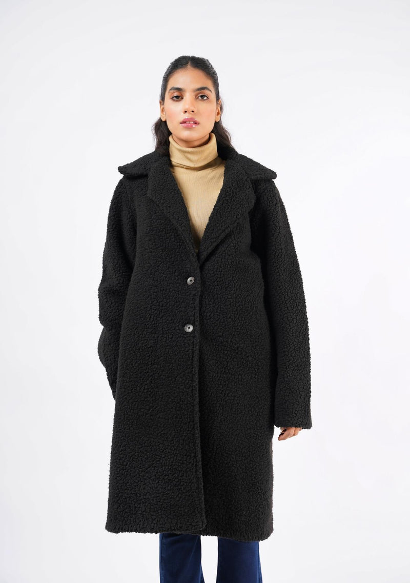 Teddy Faux Fur Oversized Coat - Black