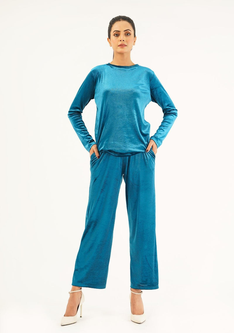 Wide Leg Pant in Velvet - turquoise