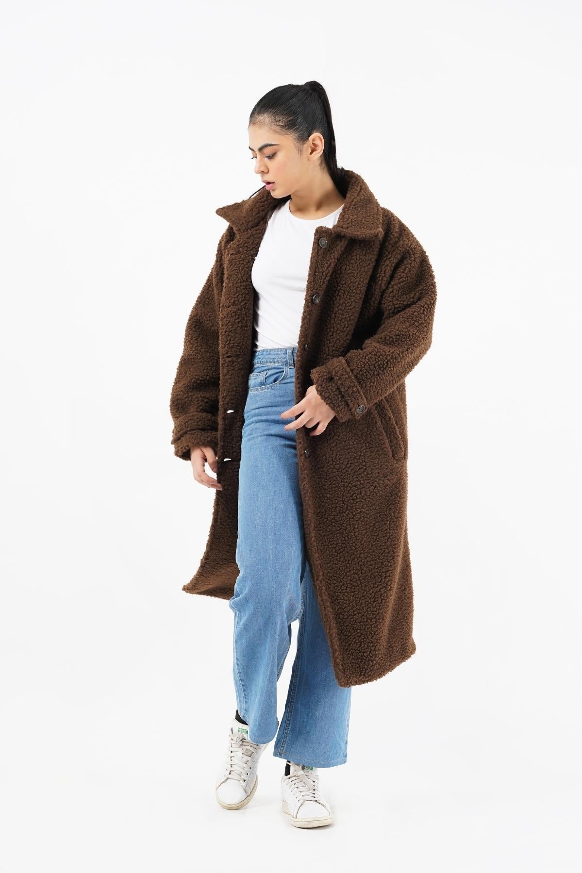Sherpa Long Coat - chocolate brown