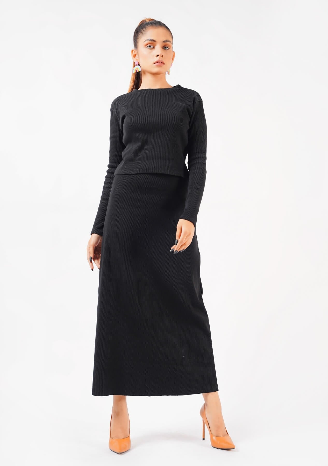 Long Knit Skirt  - black