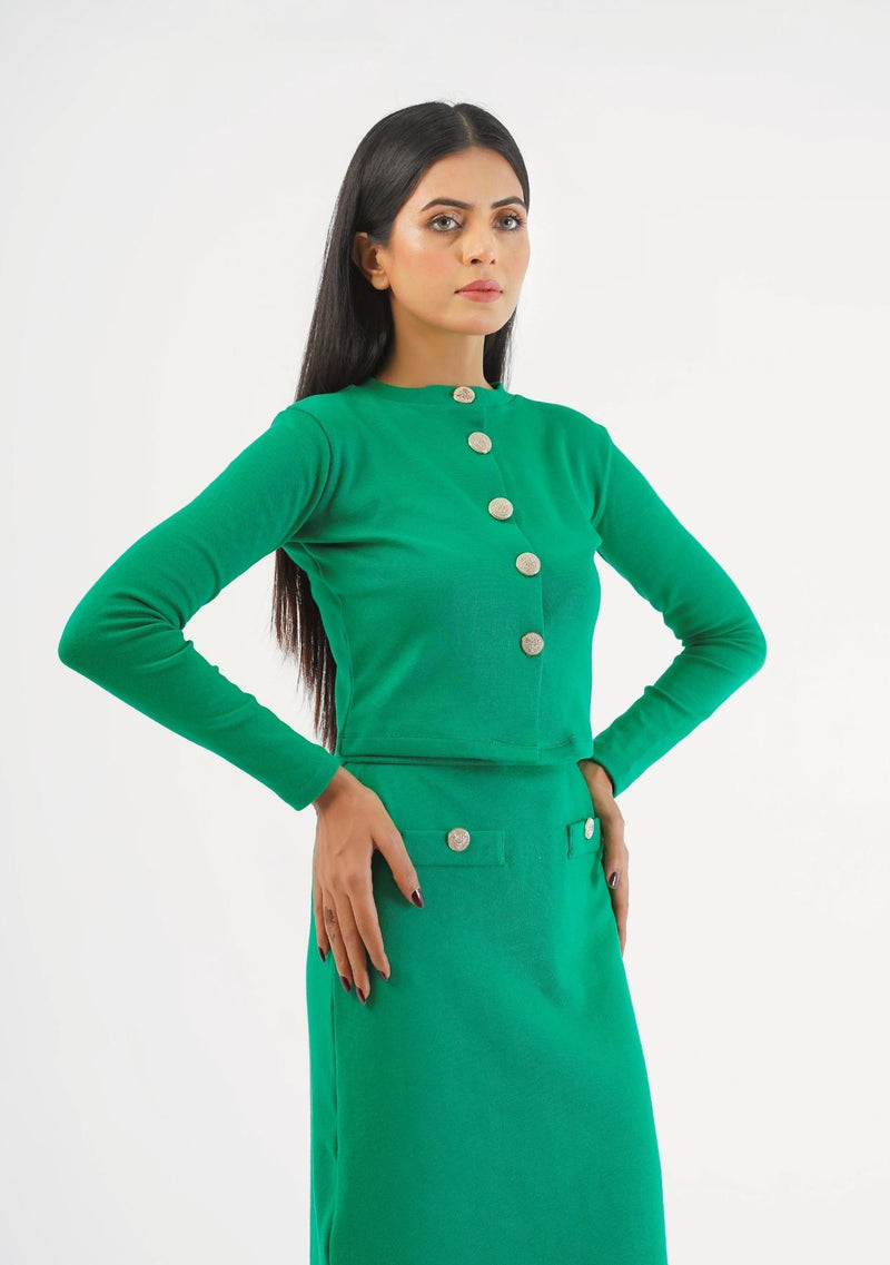 Cropped Knit Top with Golden Button - green