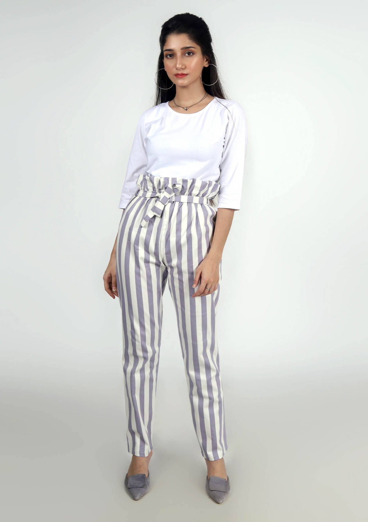 Paper Bag Pant - Mauve White Striped