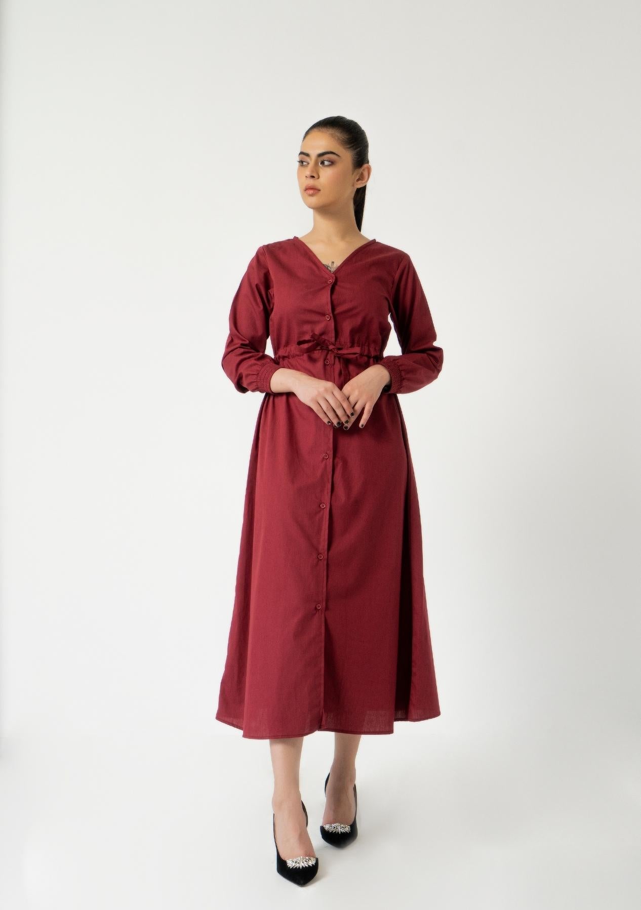 Front Button Drawstring Dress - Maroon