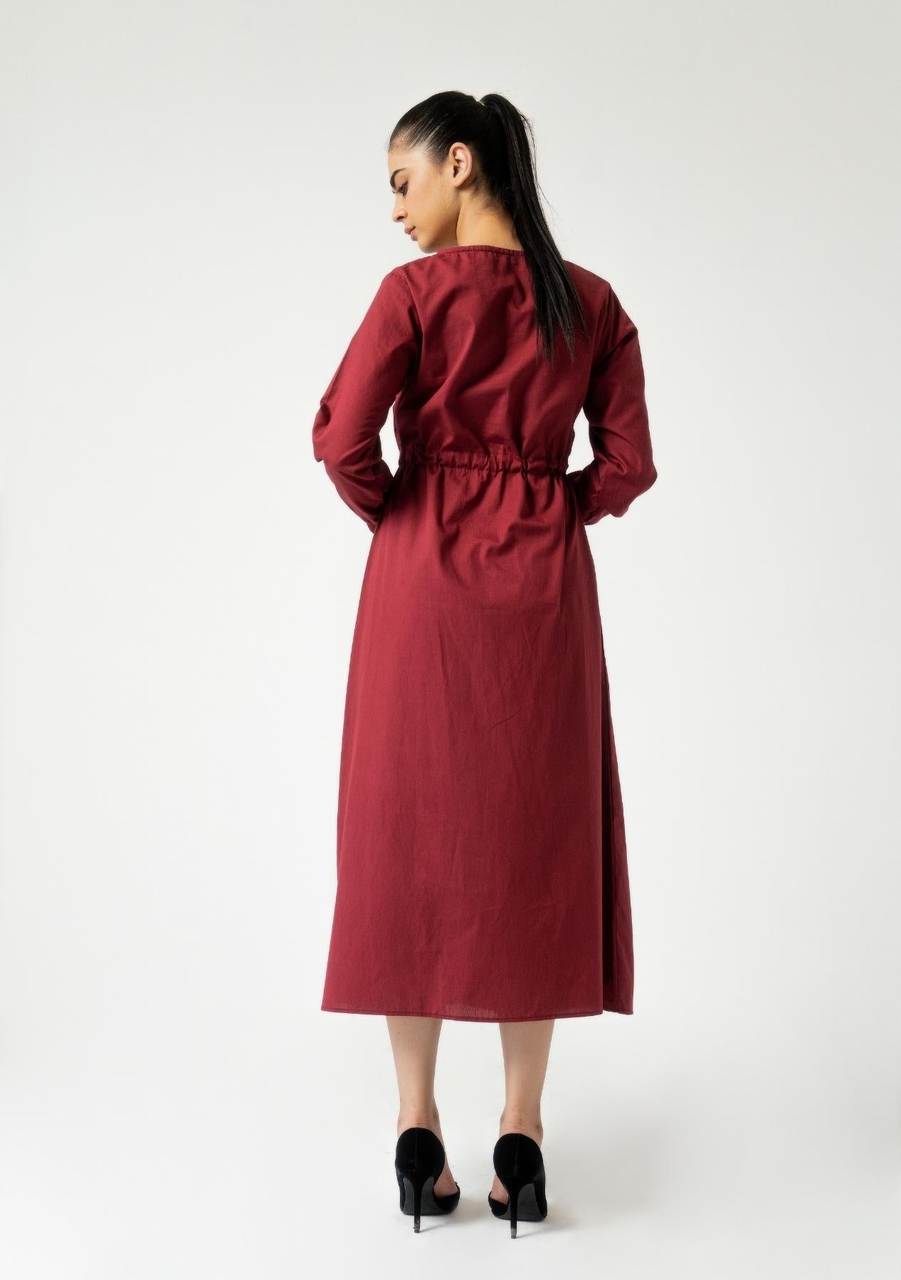 Front Button Drawstring Dress - Maroon
