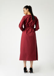 Front Button Drawstring Dress - Maroon