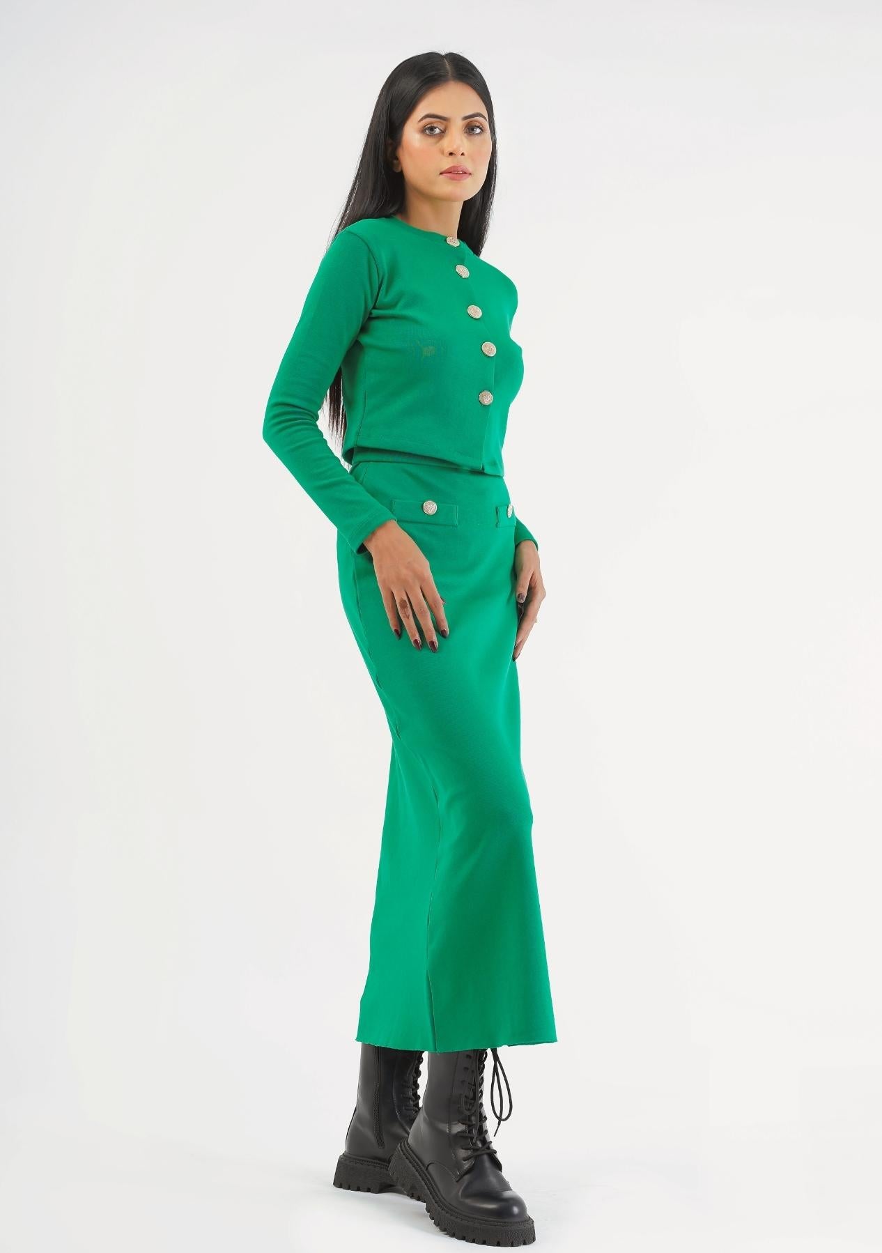Knit Skirt with Golden Button - green