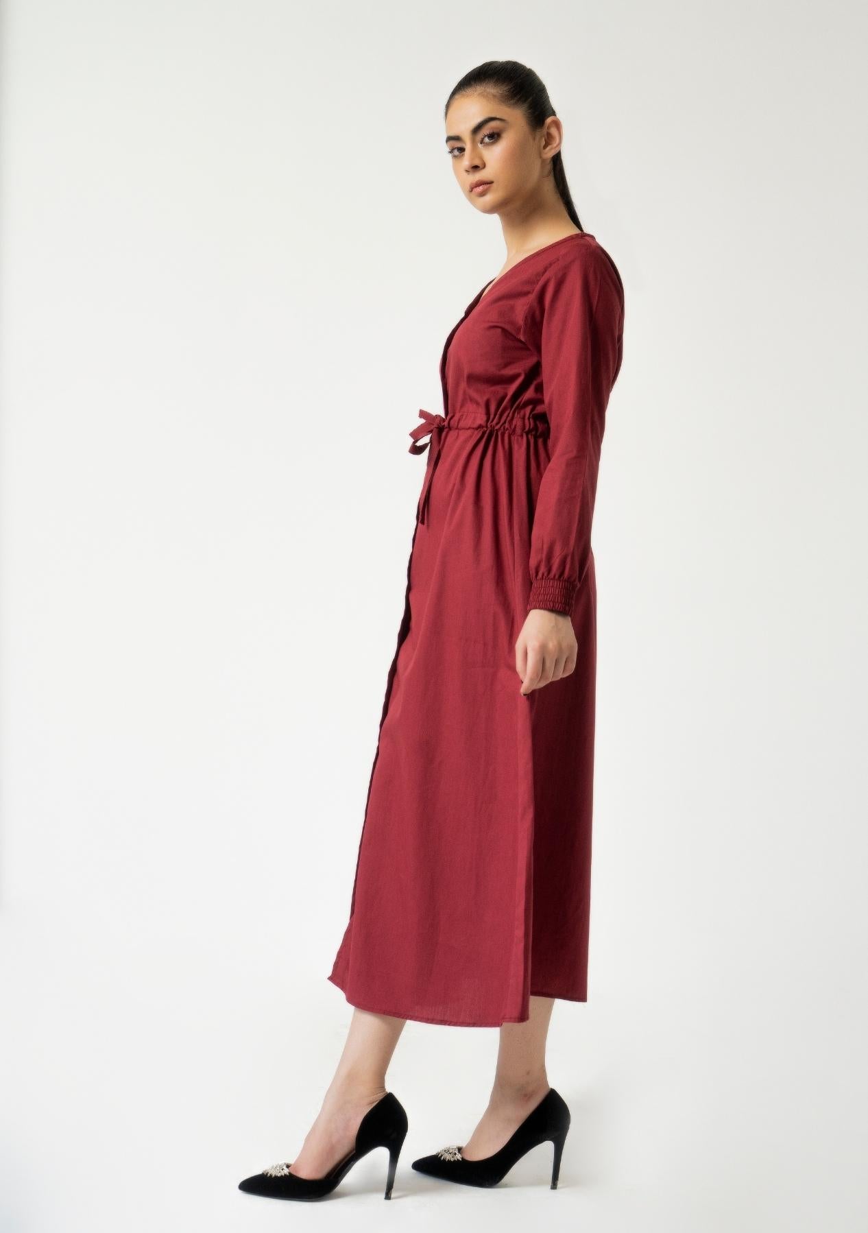 Front Button Drawstring Dress - Maroon