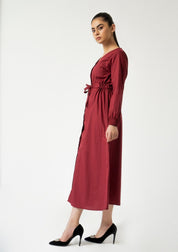 Front Button Drawstring Dress - Maroon