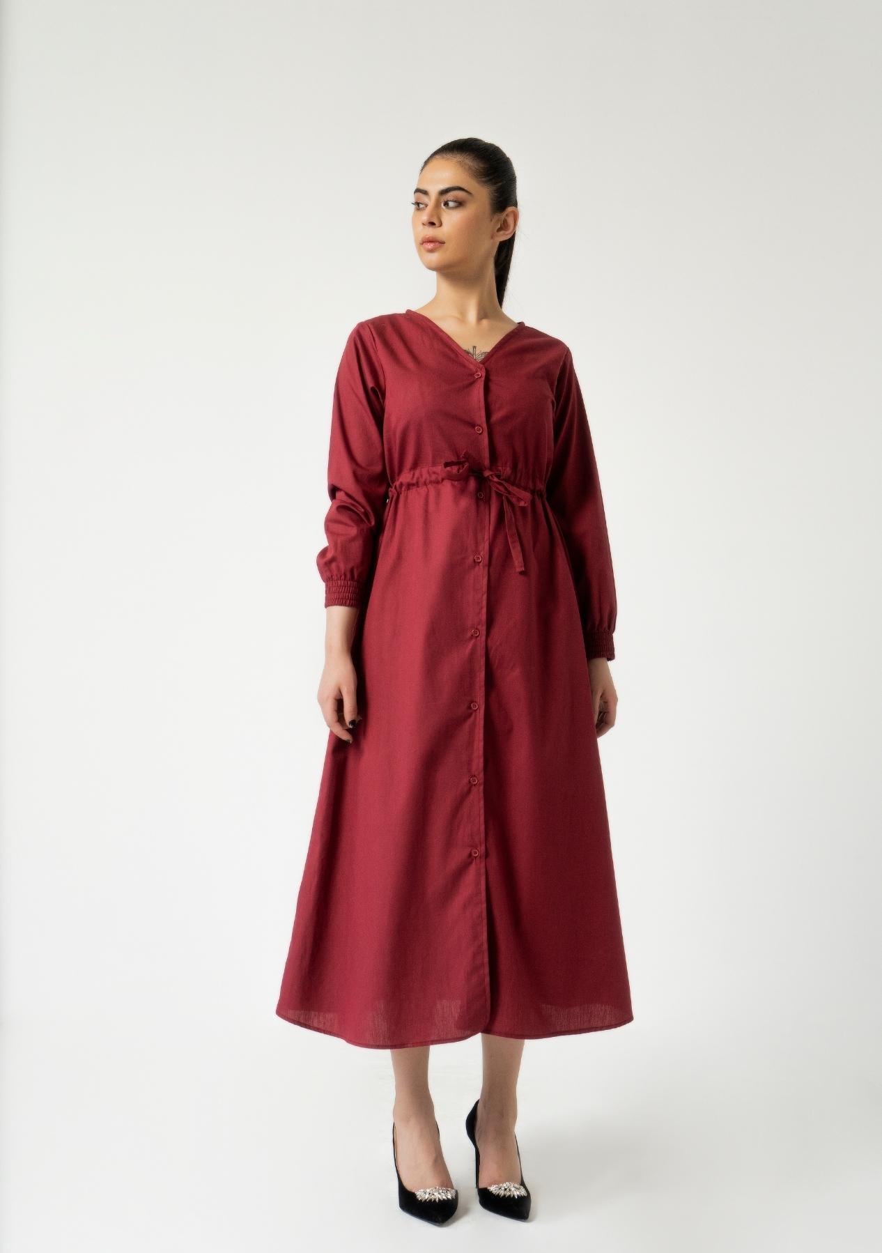 Front Button Drawstring Dress - Maroon