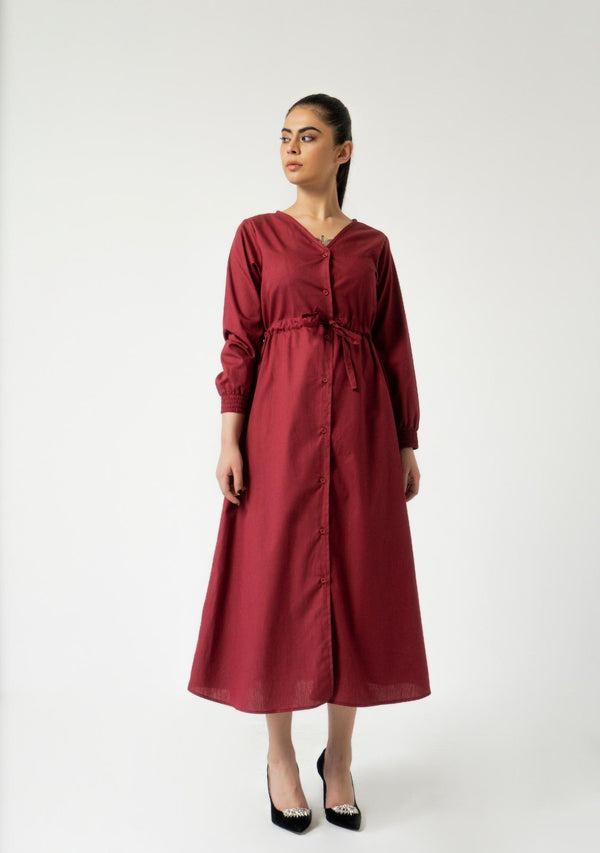 Front Button Drawstring Dress - maroon