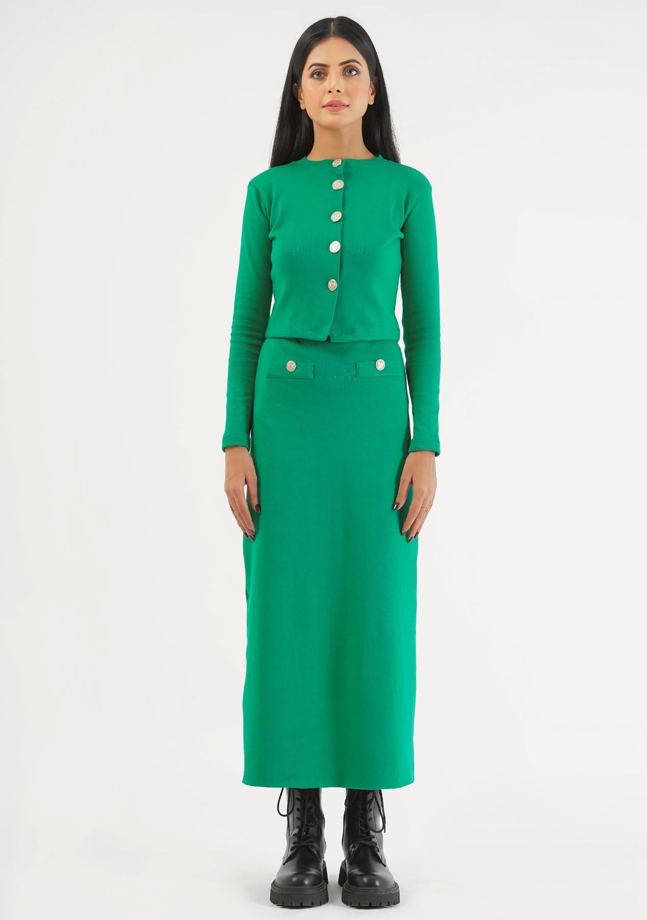 Knit Skirt with Golden Button - green
