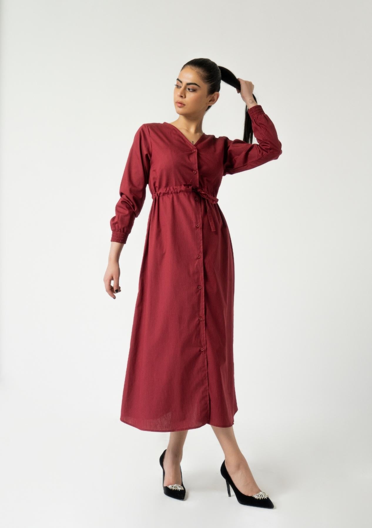 Front Button Drawstring Dress - Maroon