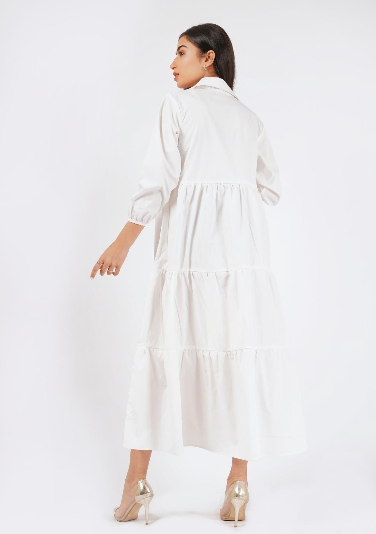V Neck Collared Dress - White