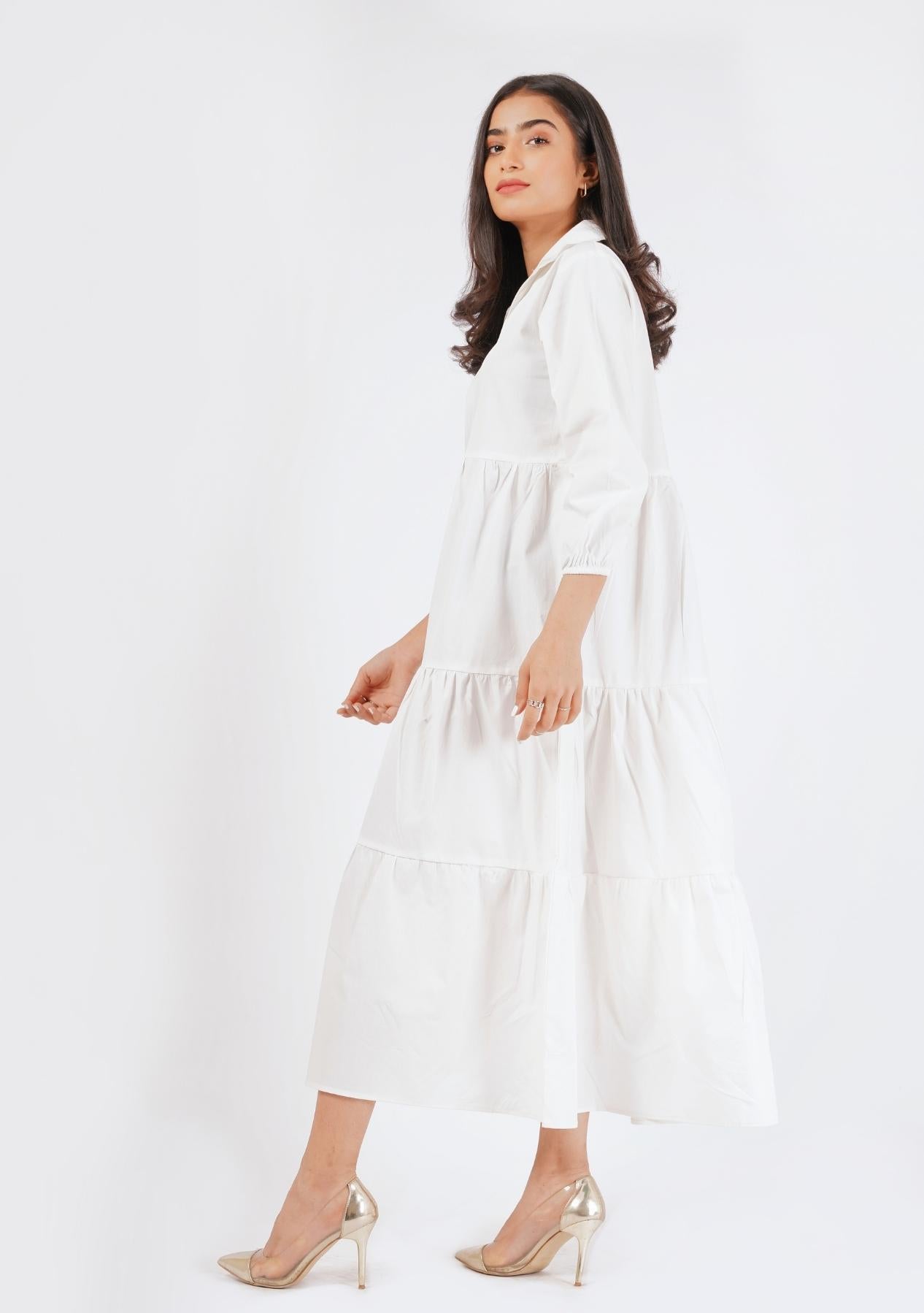 V Neck Collared Dress - White