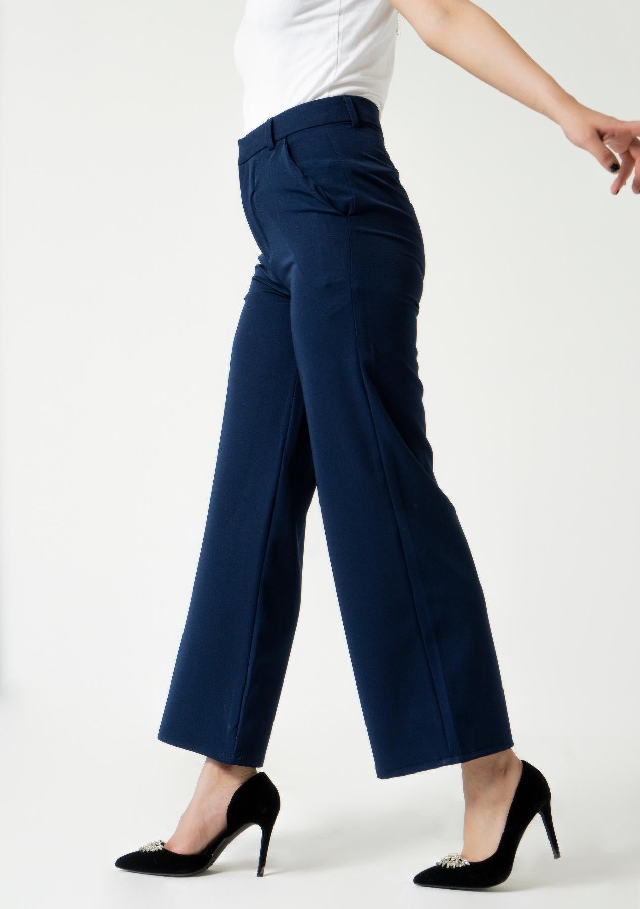 High Rise Wide Leg Pant w Pocket - Navy Blue