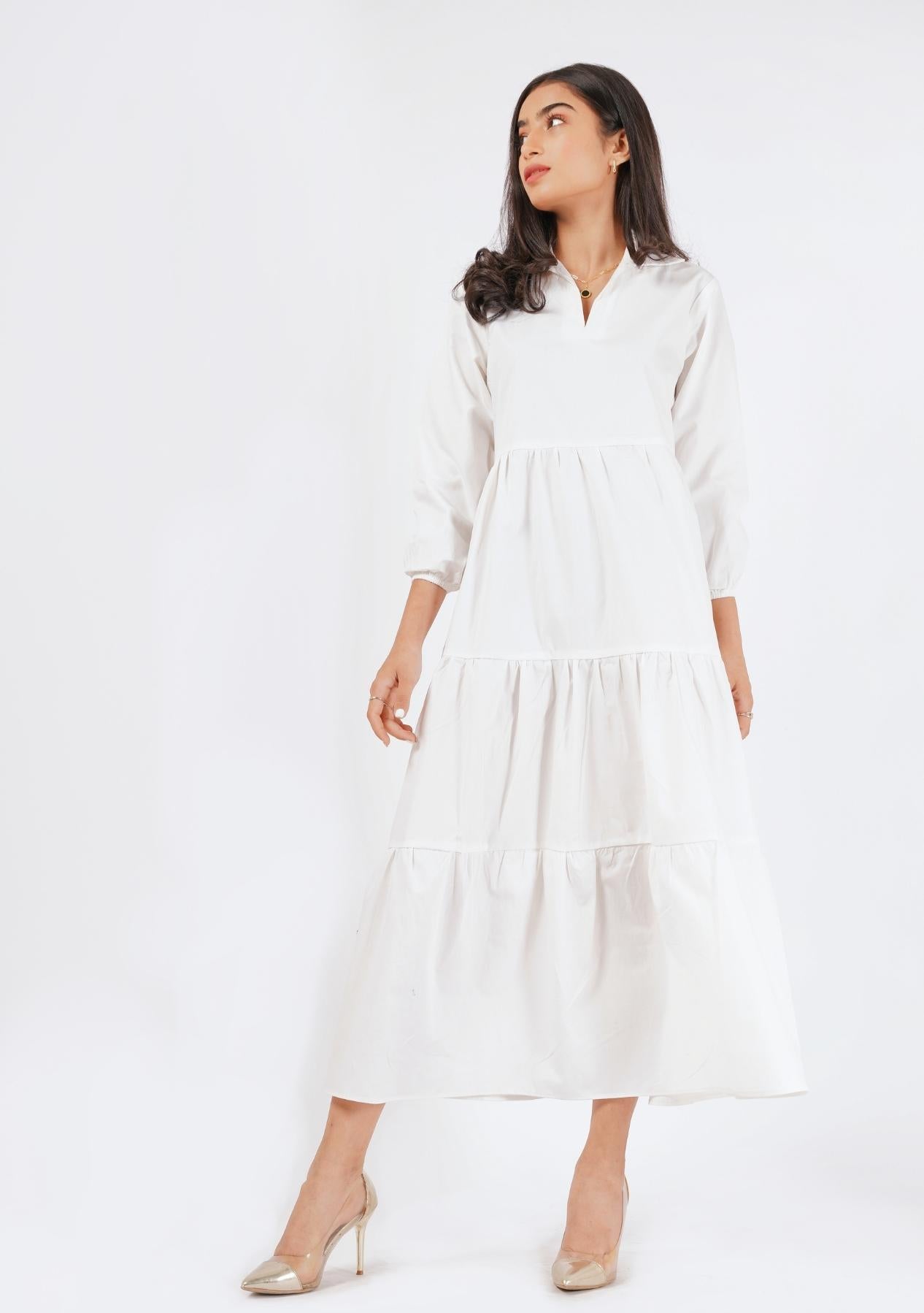V Neck Collared Dress - White