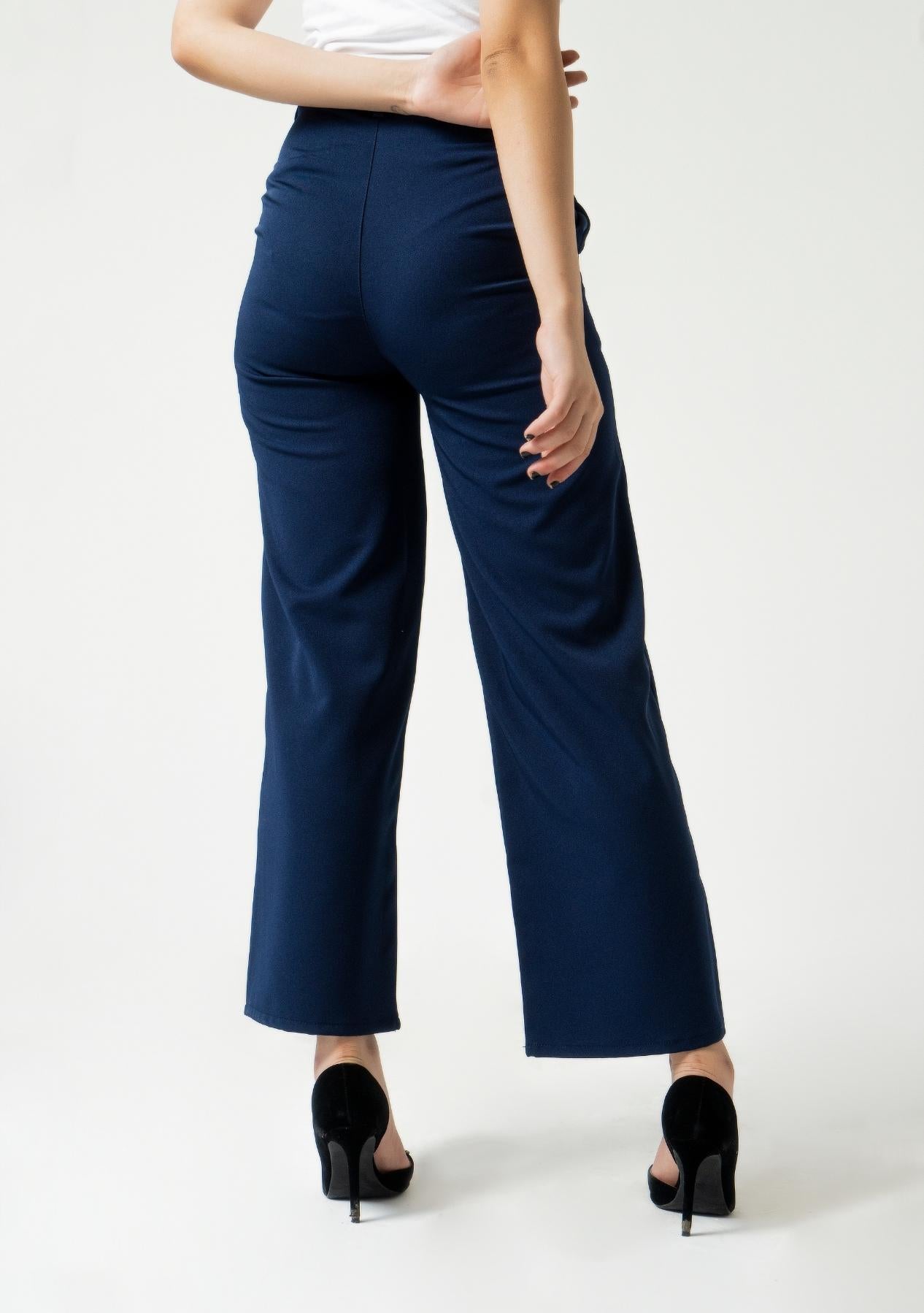 High Rise Wide Leg Pant w Pocket - Navy Blue