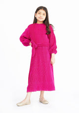 Girls Pleated Puff Sleeve Dress with Belt - Hot Pink