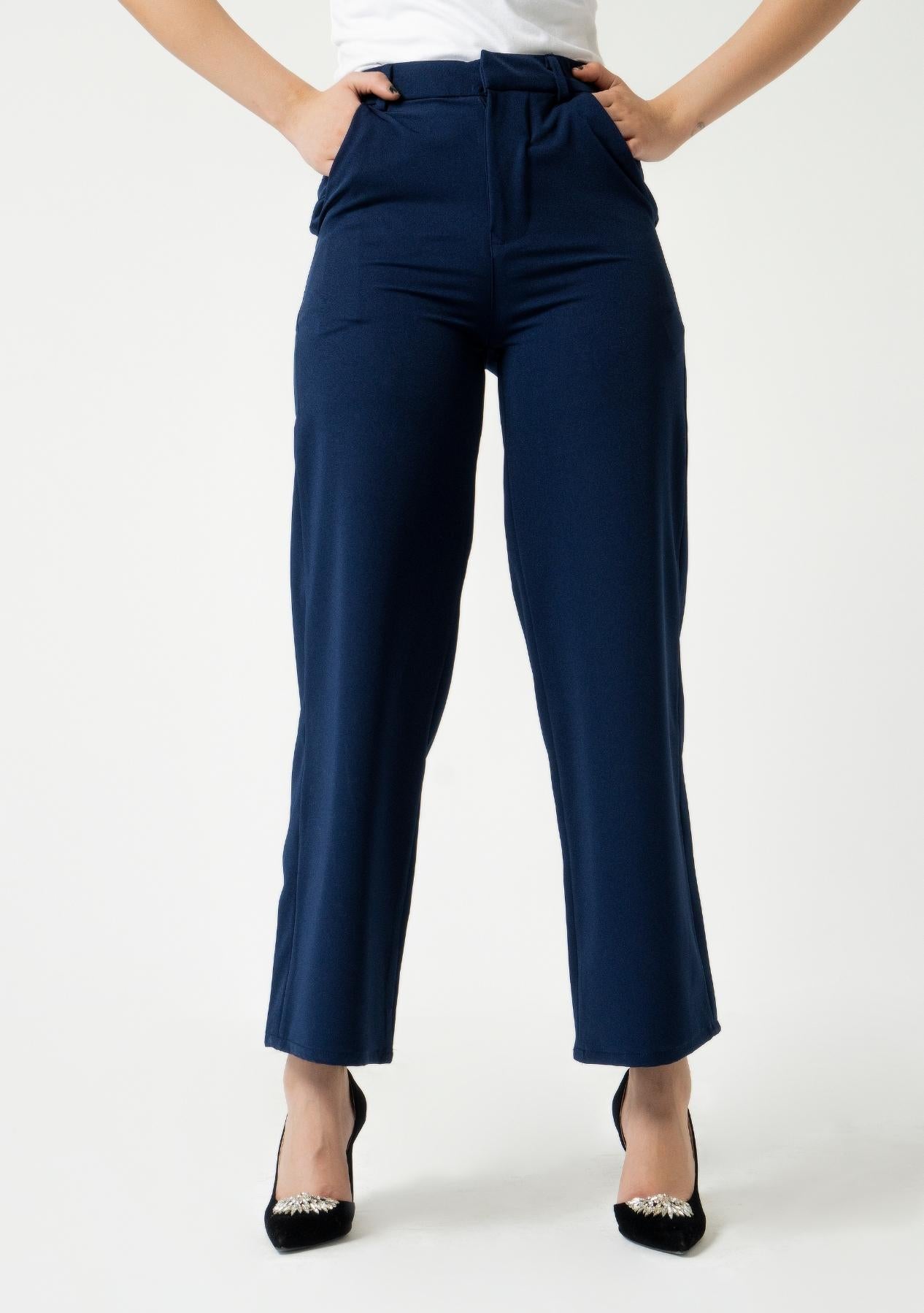 High Rise Wide Leg Pant w Pocket - Navy Blue