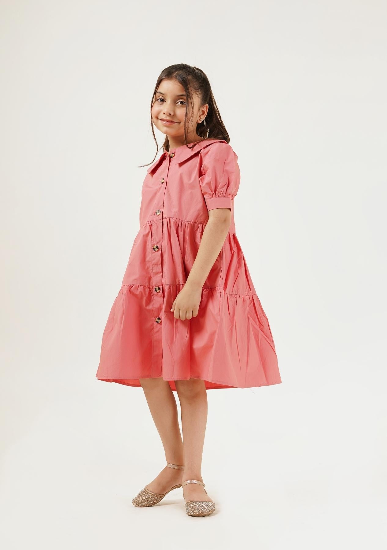 Girls Peter Pan Collar Dress - Tea Pink