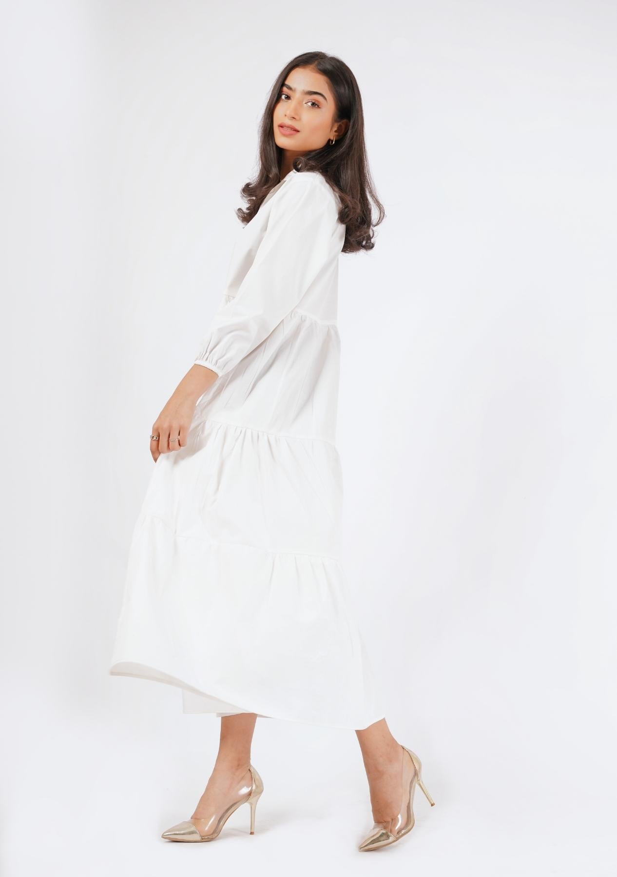 V Neck Collared Dress - White