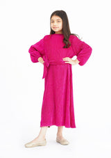 Girls Pleated Puff Sleeve Dress with Belt - Hot Pink