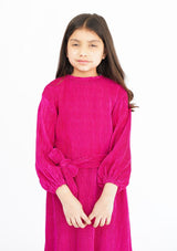 Girls Pleated Puff Sleeve Dress with Belt - Hot Pink