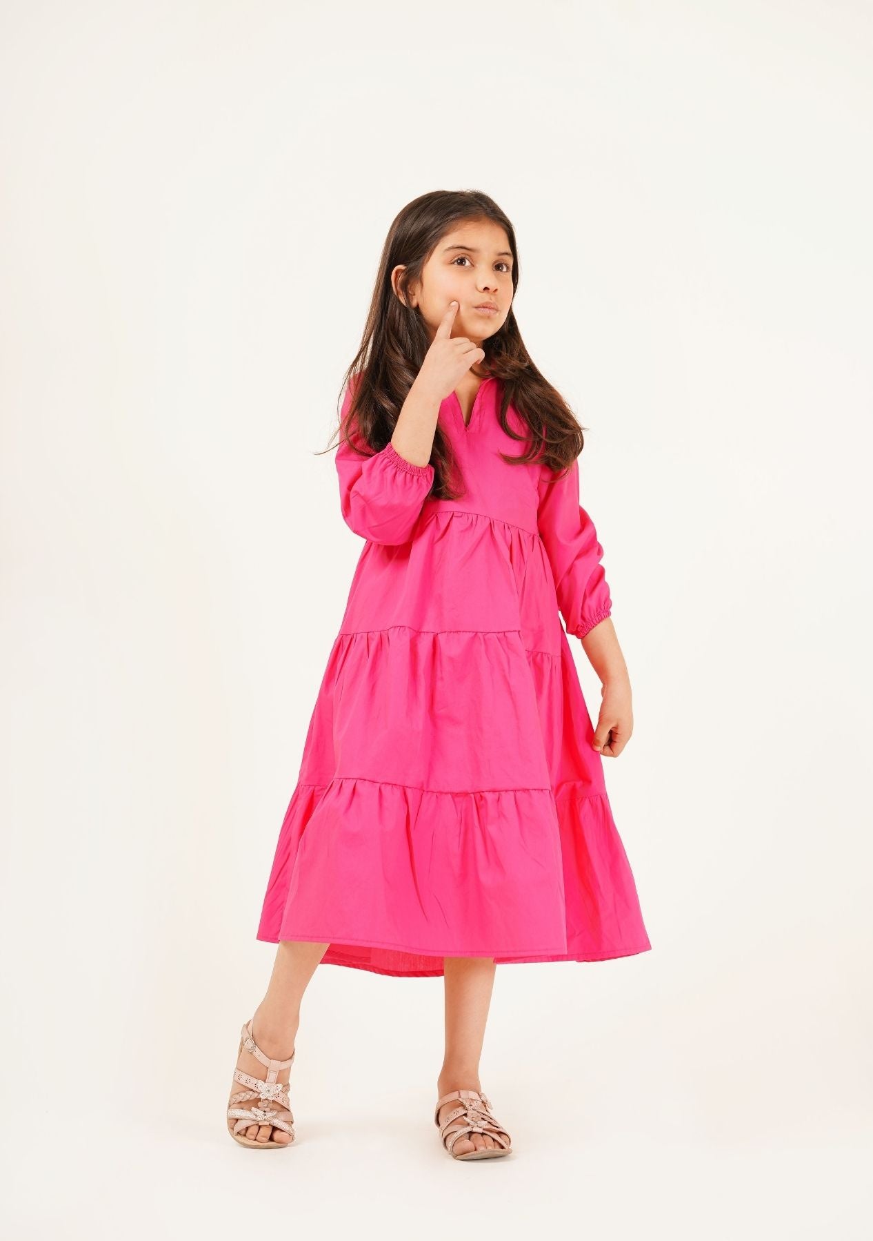 Girls V-Neck Collared Dress - Fuchsia Pink